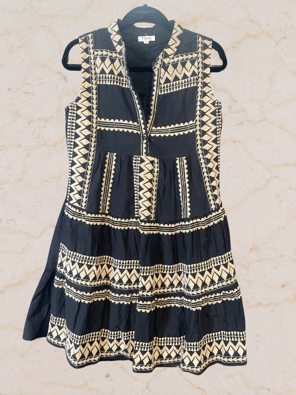 Black & Cream Embroidered Boho Tiered Dress - Size S/M